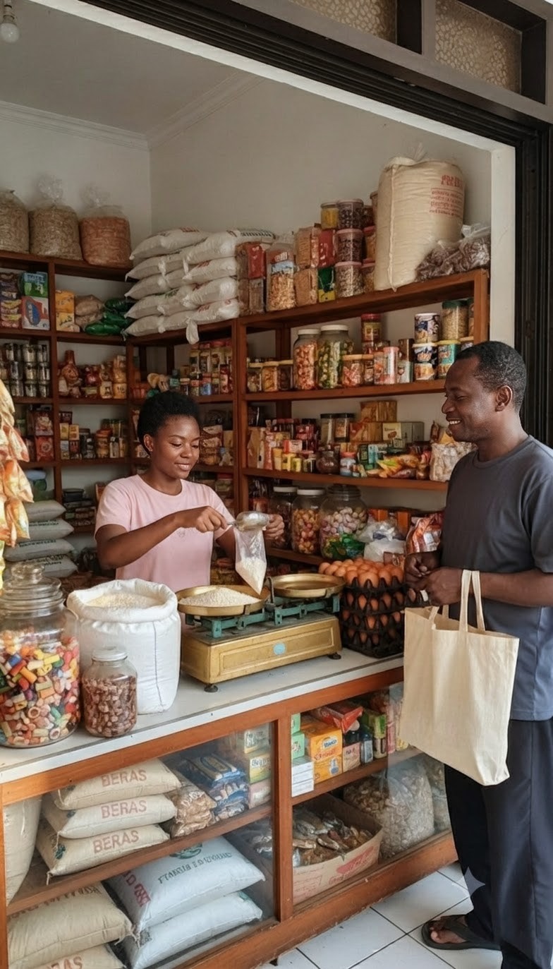 A shop owner smiling on the phone while writing notes at her counter